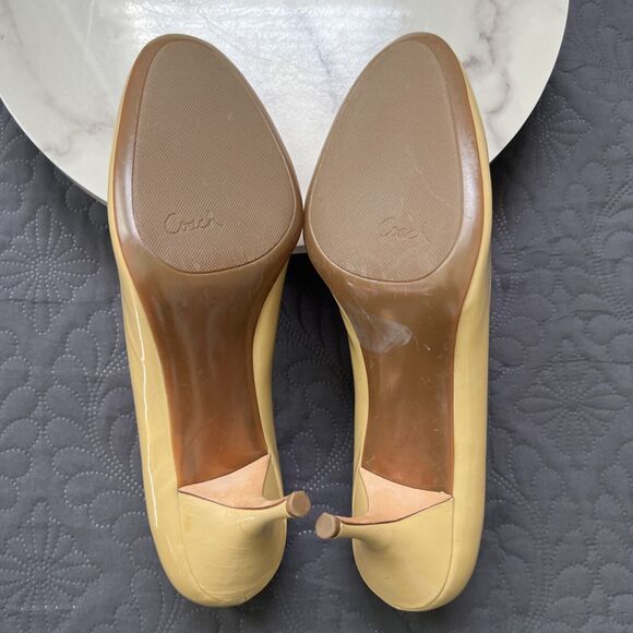 Coach Salma Round Toe Pumps SZ 9.5B Tan Patent Elegant High Heels Shoes Preppy - Picture 8 of 15